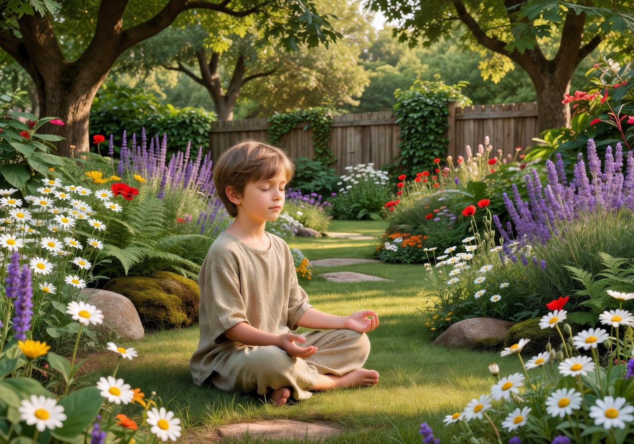 Calm child practicing mindfulness meditation in garden