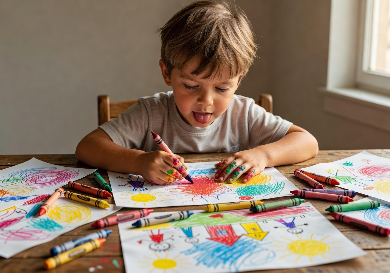 Child drawing colorful pictures with crayons and paper
