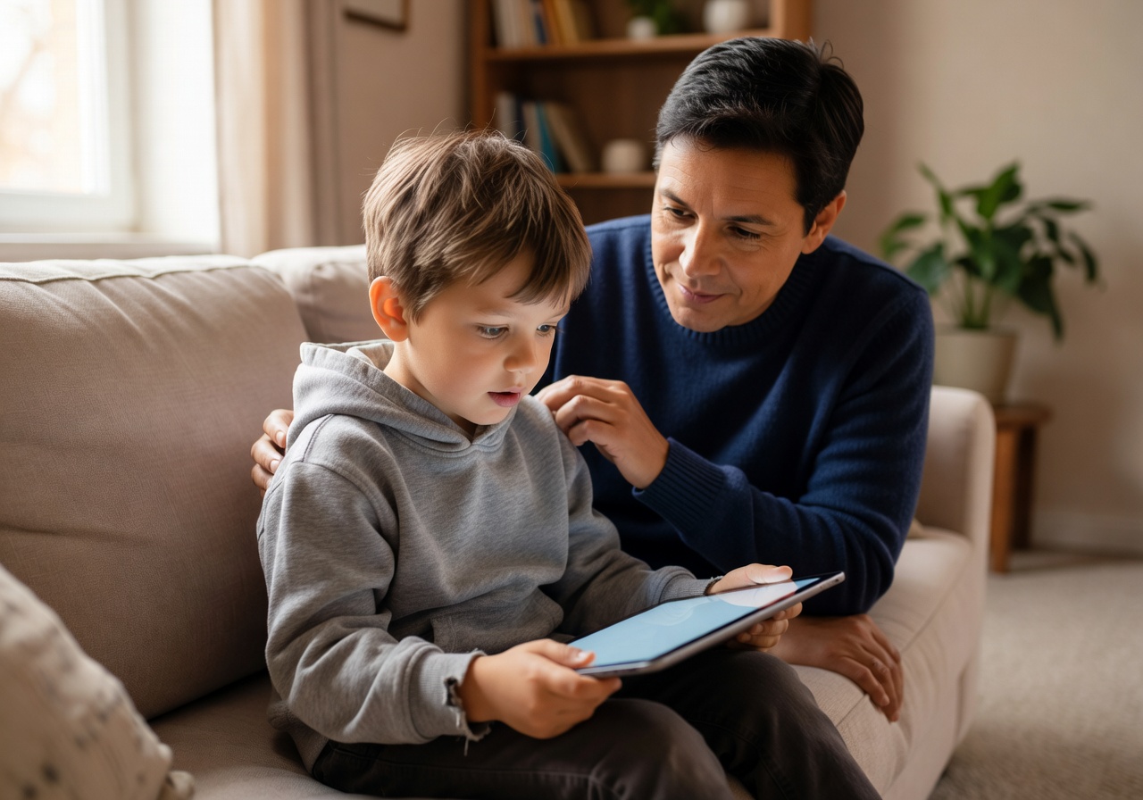 Child using tablet with parent supervising screen time