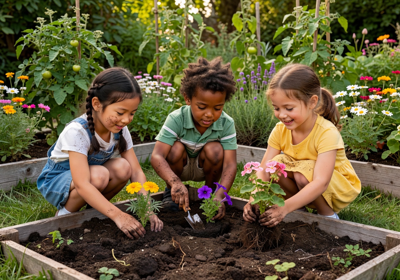 Children gardening planting flowers in garden bed