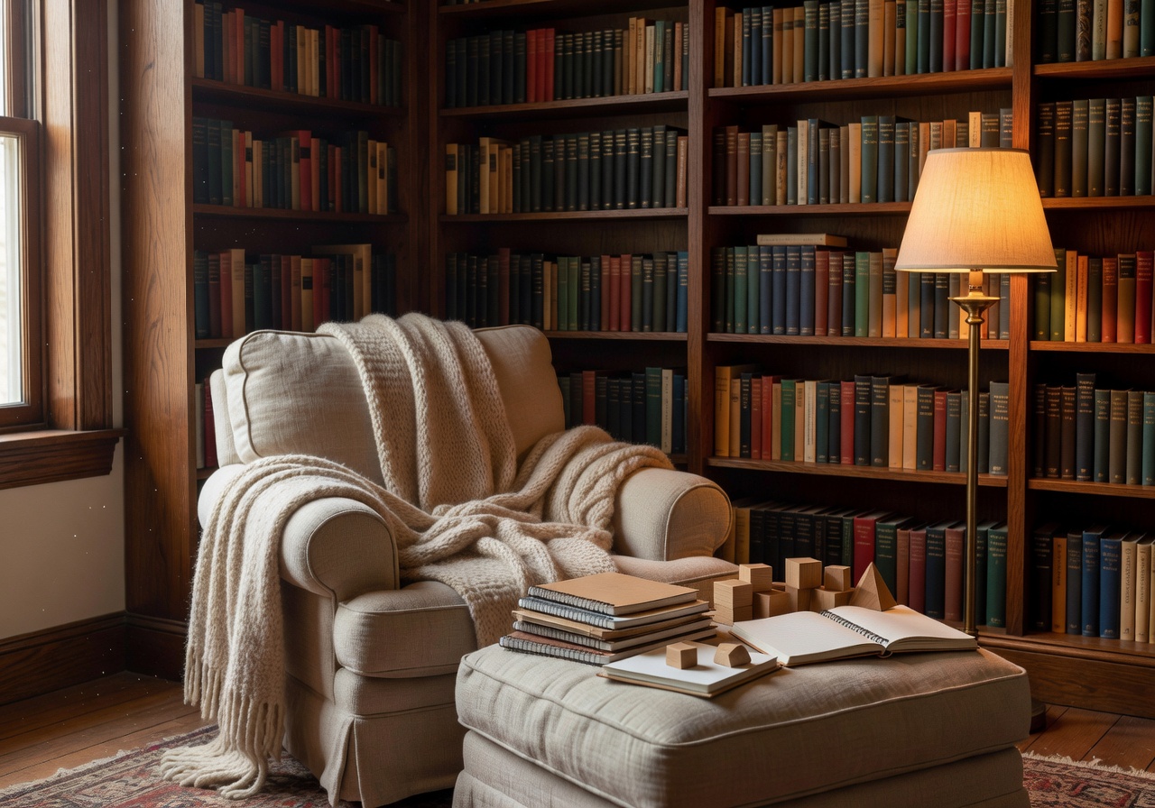 Cozy home library with books and educational materials