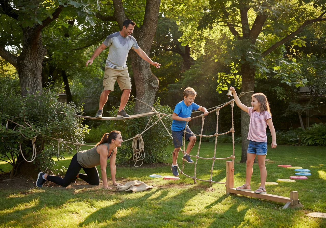 Family doing outdoor adventure challenge in garden together