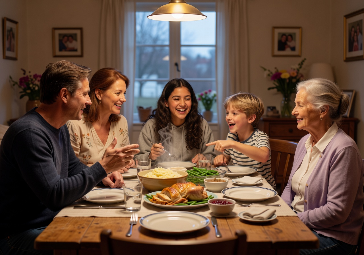 Family having conversation at dinner table together