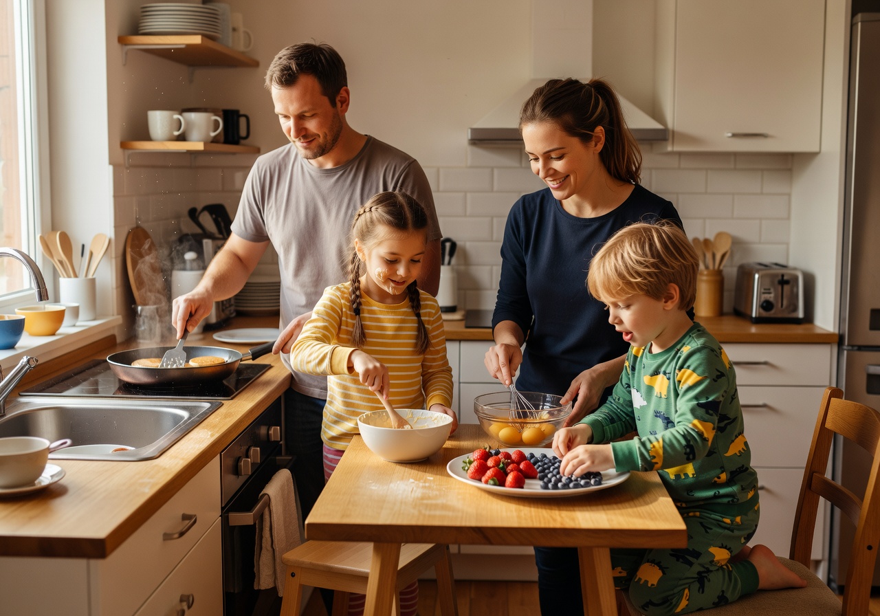 Family morning routine with breakfast preparation together