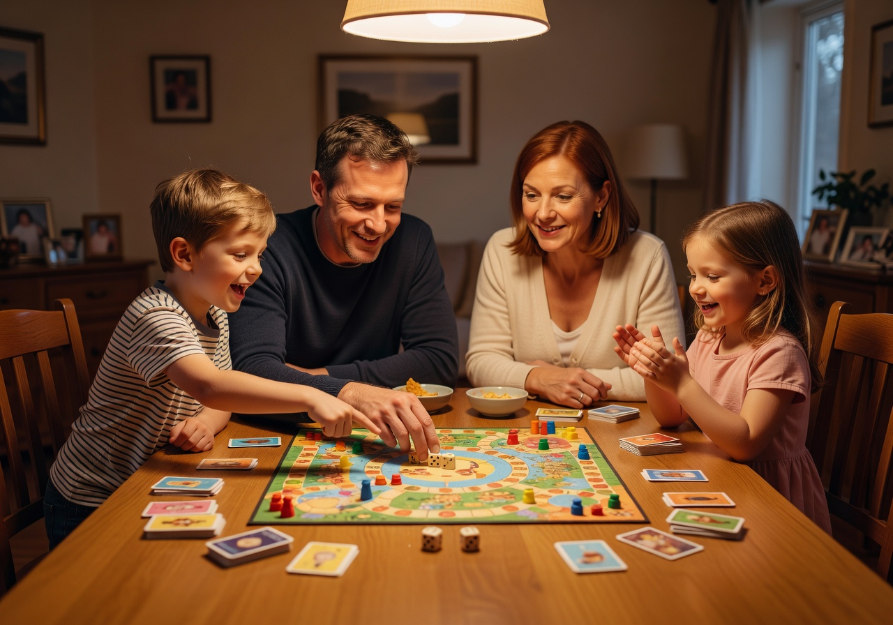 Children playing educational board games together at table