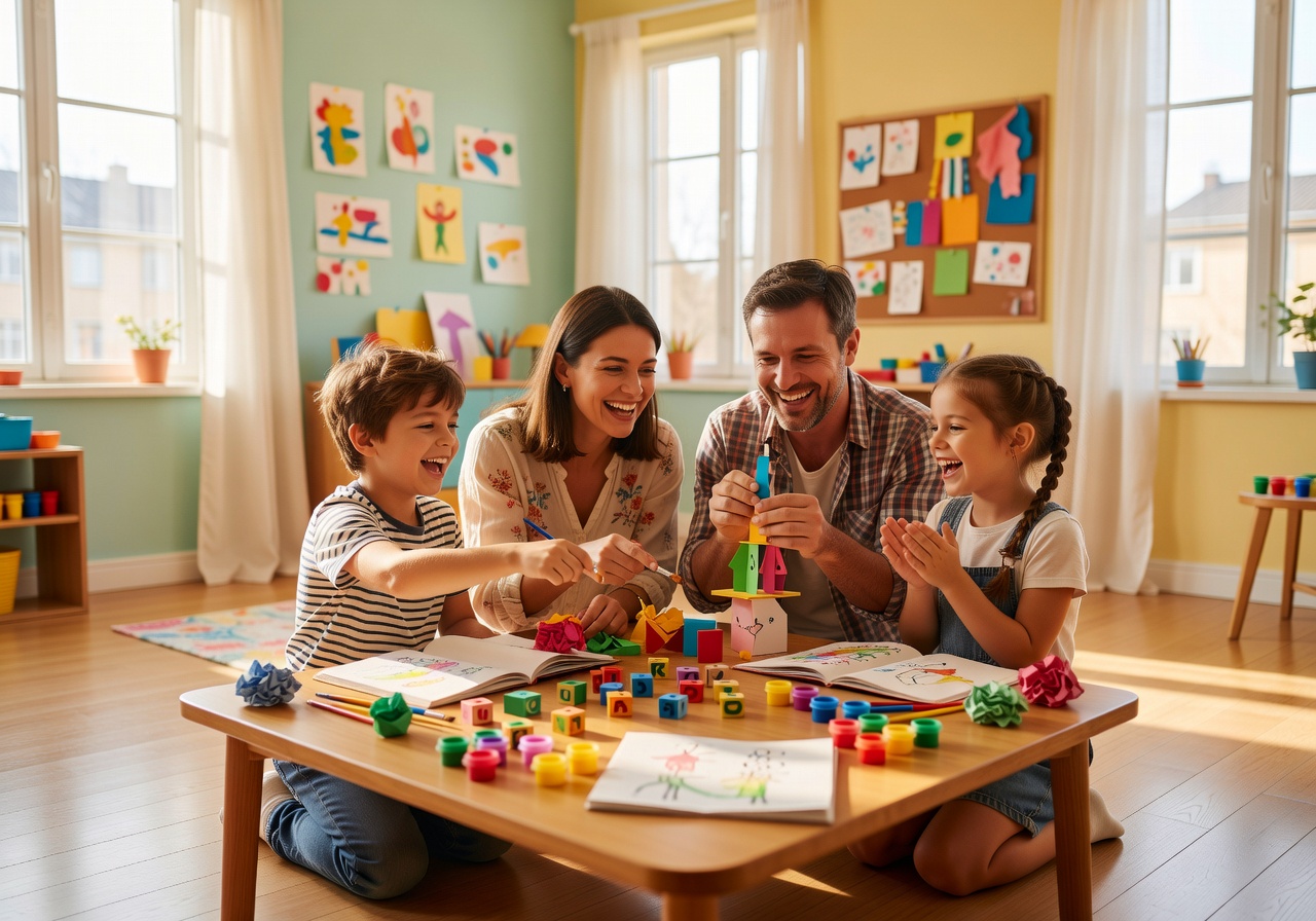 Happy family doing creative learning activities together at home