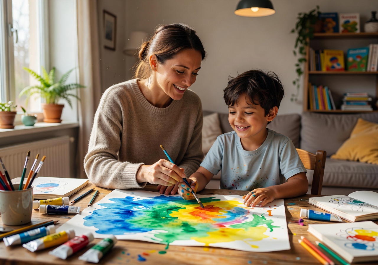 Mother teaching child art activity at home with smiles