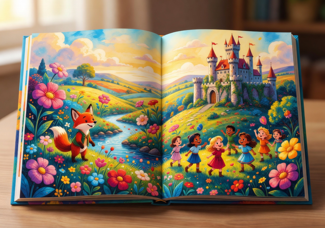 Parent reading colorful storybook to child on cozy couch