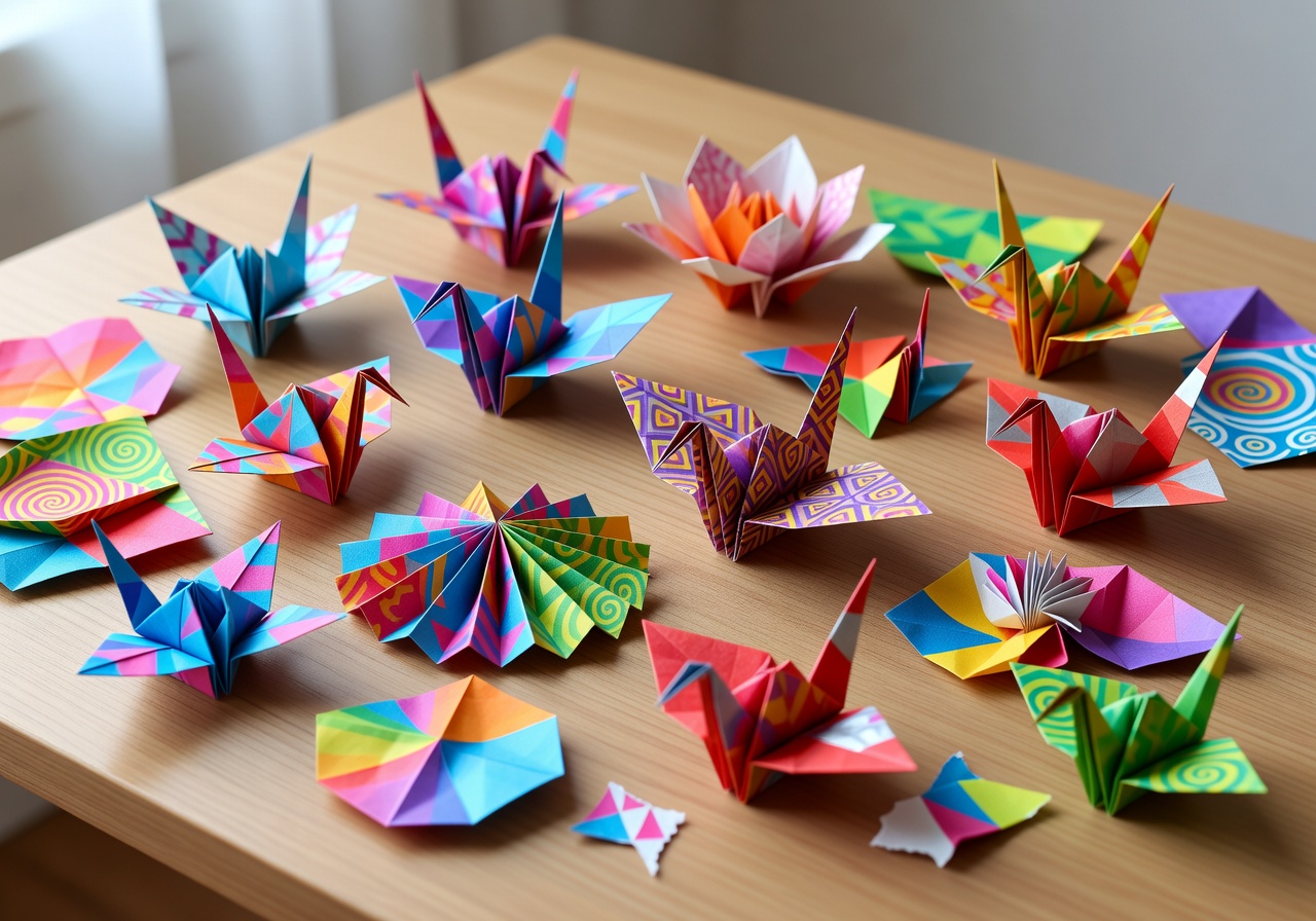 Colorful paper craft project with scissors and supplies