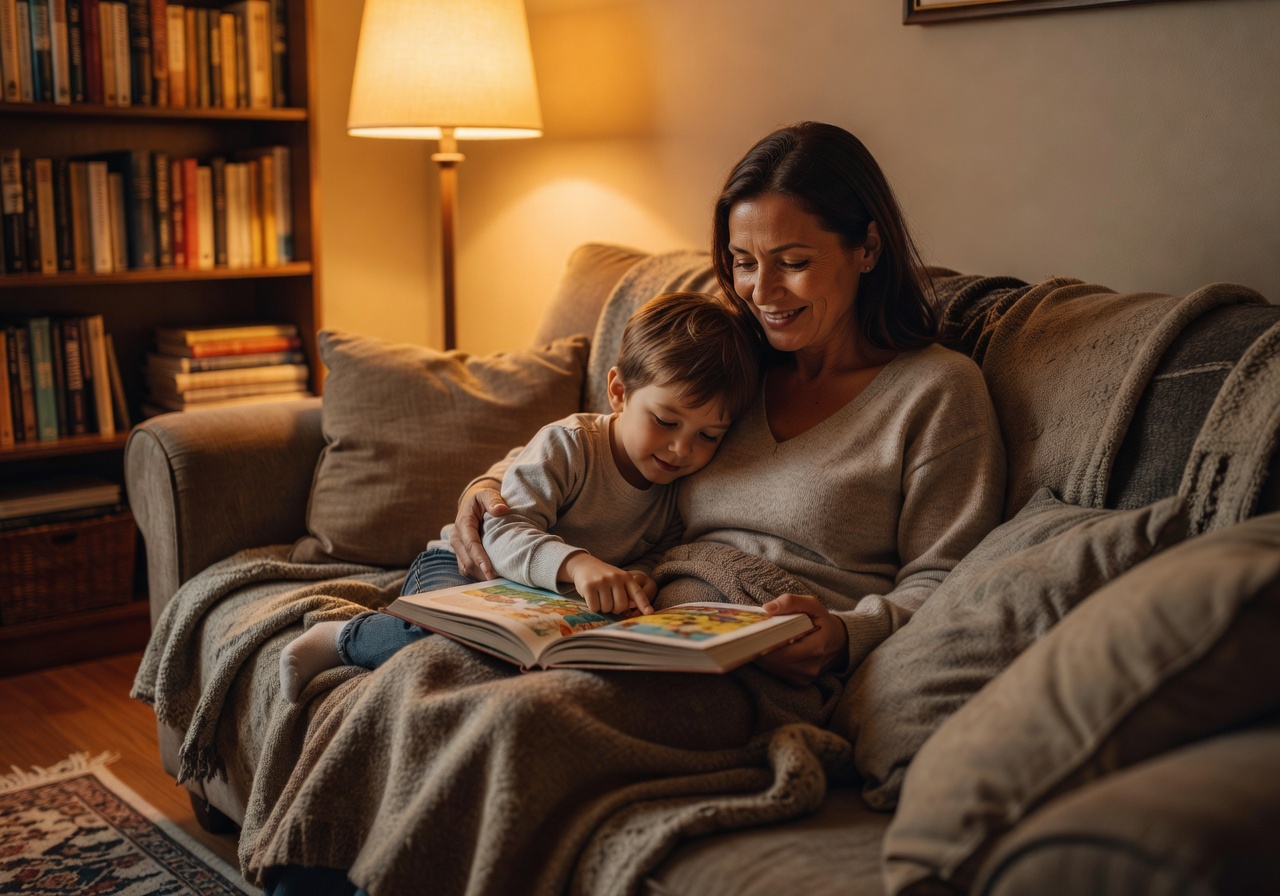 Parent and child reading book together on couch in cozy living room
