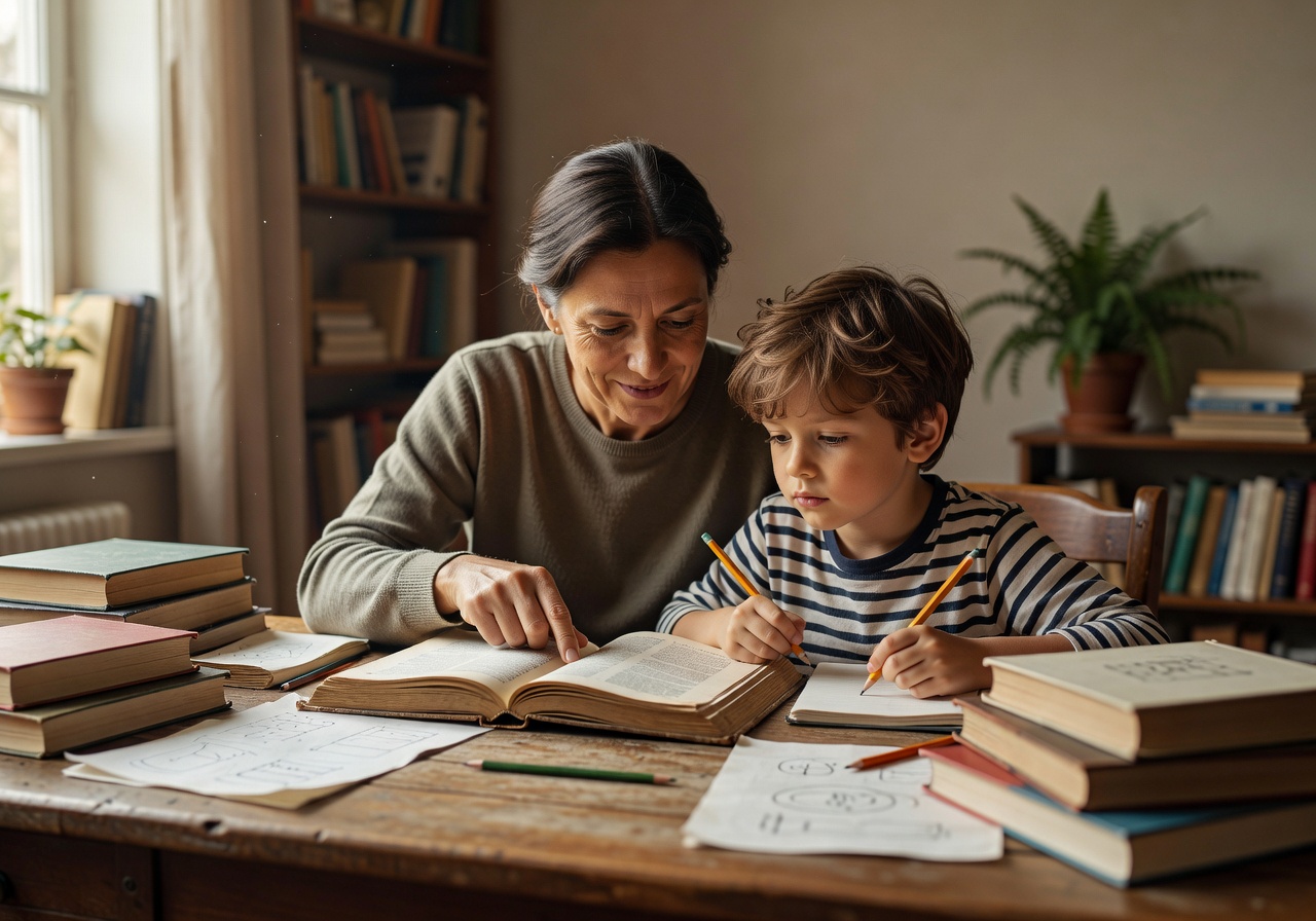 Parent helping child with homework at desk with books