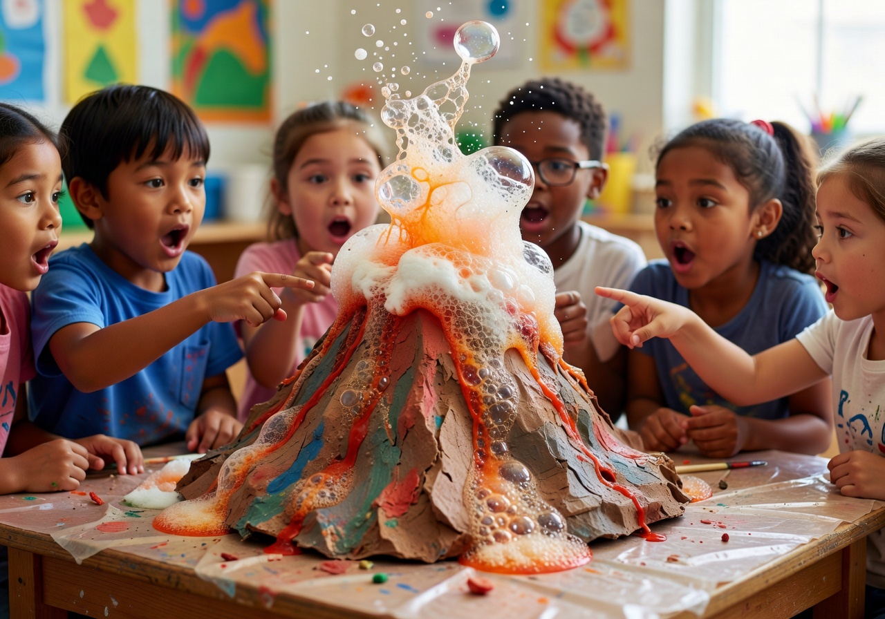 Children exploring STEM science experiments with colorful materials