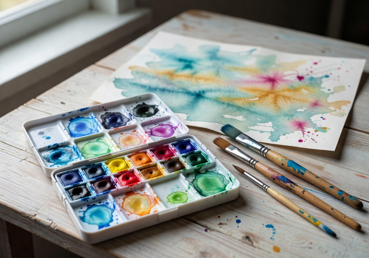 Child painting with watercolors and brushes on canvas